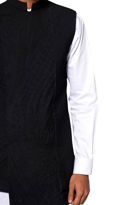 Shop Amaare Black Wool Blend Textured Bundi And Shirt Set Online at Aza Fashions Shop_Amaare_Black Wool Blend Textured Bundi And Shirt Set _Online_at_Aza_Fashions