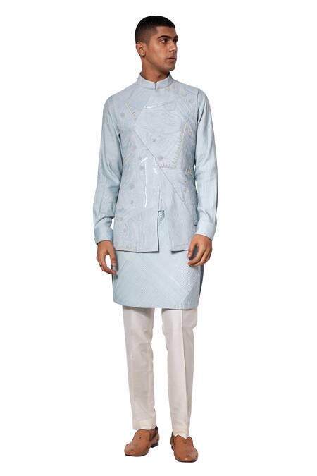 Shop Amaare Blue Cotton Silk Overlap Bundi And Kurta Set at Aza Fashions Shop_Amaare_Blue Cotton Silk Overlap Bundi And Kurta Set _at_Aza_Fashions