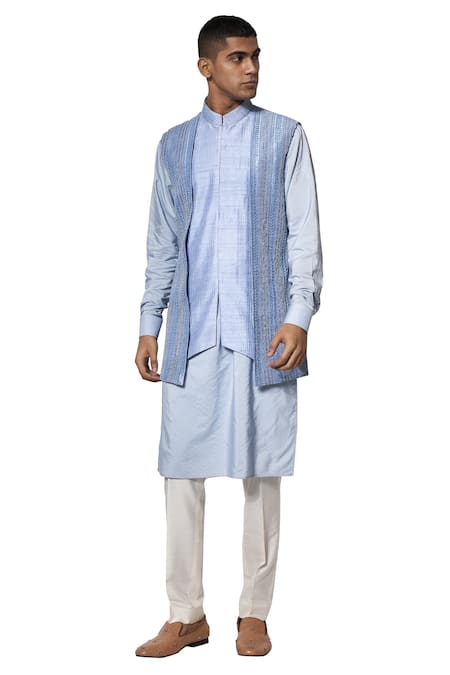 Shop Amaare Blue Raw , Cotton Layered Bundi And Kurta Set at Aza Fashions Shop_Amaare_Blue Raw , Cotton Layered Bundi And Kurta Set _at_Aza_Fashions