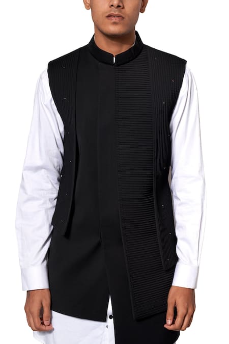 Amaare_Black Wool Blend Textured Bundi And Shirt Set  _Online_at_Aza_Fashions