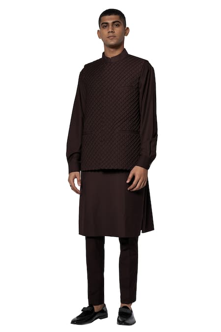 Shop Amaare Brown Wool Blend Pintuck Bundi And Kurta Set at Aza Fashions Shop_Amaare_Brown Wool Blend Pintuck Bundi And Kurta Set _at_Aza_Fashions