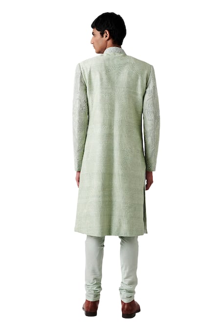 Shop Amaare Green Raw Silk Embroidered Sherwani Set at Aza Fashions Shop_Amaare_Green Raw Silk Embroidered Sherwani Set _at_Aza_Fashions