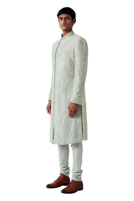 Amaare Green Raw Silk Embroidered Sherwani Set Online at Aza Fashions Amaare_Green Raw Silk Embroidered Sherwani Set _Online_at_Aza_Fashions