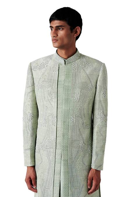 Shop Amaare Green Raw Silk Embroidered Sherwani Set Online at Aza Fashions Shop_Amaare_Green Raw Silk Embroidered Sherwani Set _Online_at_Aza_Fashions