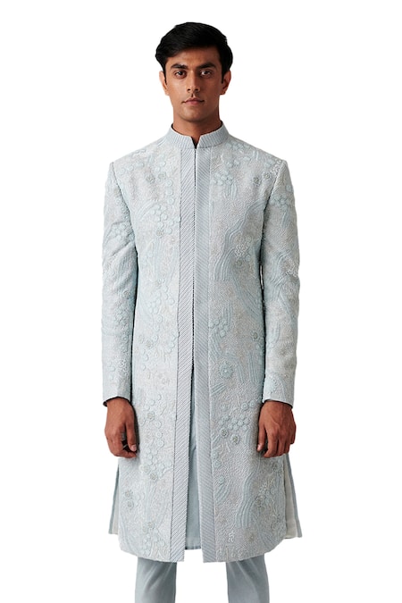 Amaare_Blue Raw Silk Embroidered Sherwani Set  _Online_at_Aza_Fashions