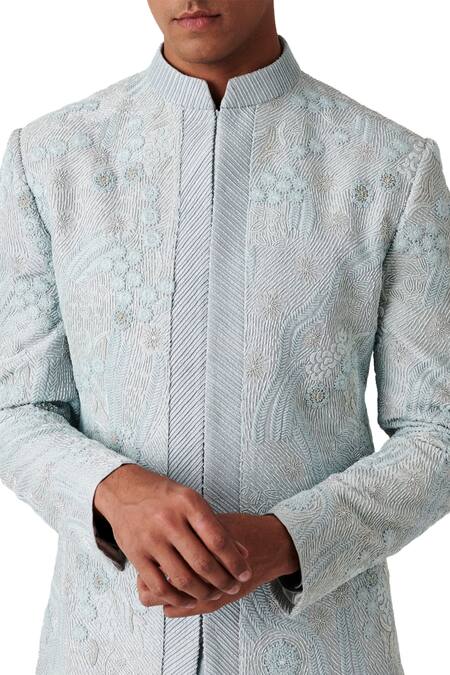 Buy_Amaare_Blue Raw Silk Embroidered Sherwani Set  _Online_at_Aza_Fashions