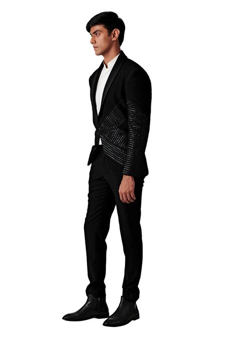 Amaare_Black Wool Blend Pintuck Tuxedo And Pant Set  _Online_at_Aza_Fashions