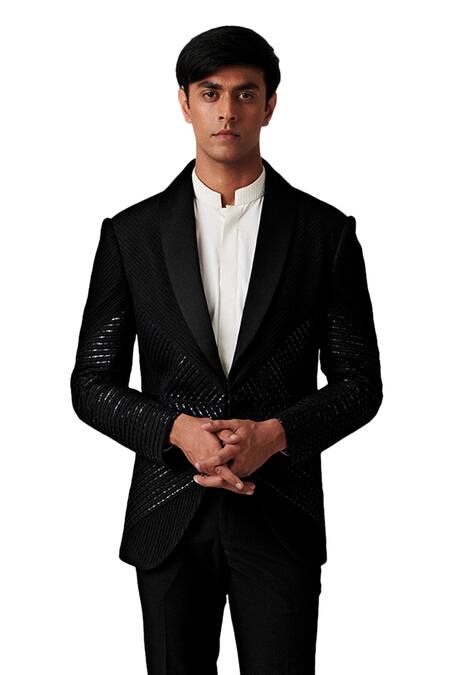 Buy_Amaare_Black Wool Blend Pintuck Tuxedo And Pant Set  _Online_at_Aza_Fashions