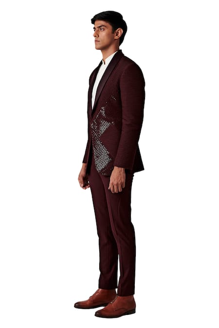Amaare_Maroon Wool Blend Pintuck Tuxedo And Pant Set  _Online_at_Aza_Fashions