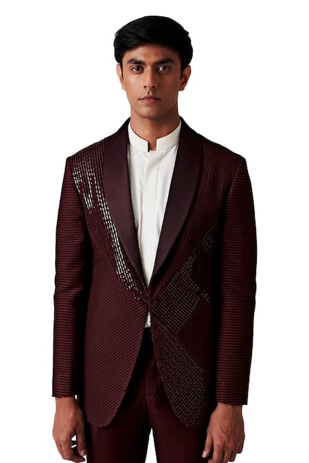 Buy_Amaare_Maroon Wool Blend Pintuck Tuxedo And Pant Set  _Online_at_Aza_Fashions