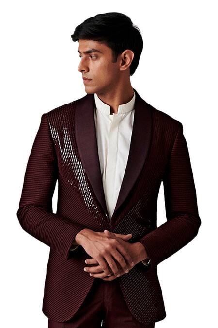 Shop_Amaare_Maroon Wool Blend Pintuck Tuxedo And Pant Set  _Online_at_Aza_Fashions