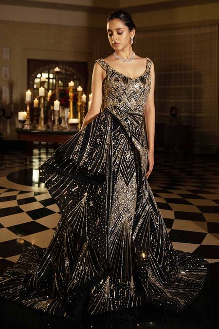 Buy Amit GT Black Tulle V Neck Embroidered Draped Gown Online at Aza Fashions Buy_Amit GT_Black Tulle V Neck Embroidered Draped Gown _Online_at_Aza_Fashions