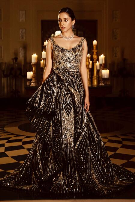 Amit GT Black Tulle V Neck Embroidered Draped Gown Online at Aza Fashions Amit GT_Black Tulle V Neck Embroidered Draped Gown _Online_at_Aza_Fashions