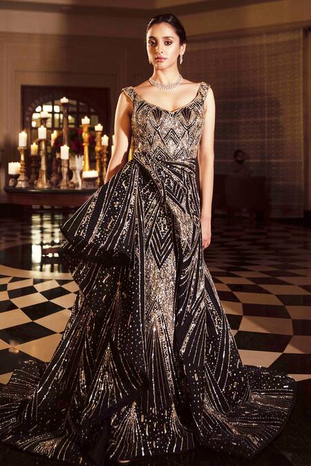 Shop Amit GT Black Tulle V Neck Embroidered Draped Gown Online at Aza Fashions Shop_Amit GT_Black Tulle V Neck Embroidered Draped Gown _Online_at_Aza_Fashions