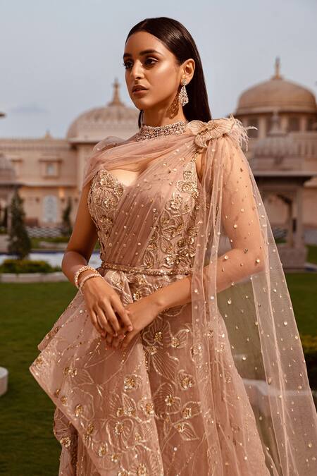 Buy Amit GT Peach Tulle Leaf Neck Embroidered Draped Gown Online at Aza Fashions Buy_Amit GT_Peach Tulle Leaf Neck Embroidered Draped Gown _Online_at_Aza_Fashions