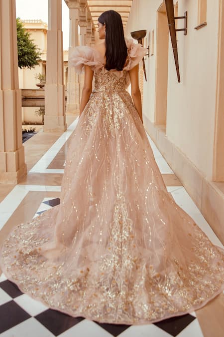 Shop Amit GT Peach Tulle Sweetheart Neck Embroidered Draped Gown at Aza Fashions Shop_Amit GT_Peach Tulle Sweetheart Neck Embroidered Draped Gown _at_Aza_Fashions