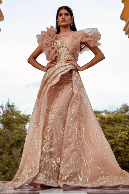 Buy Amit GT Peach Tulle Sweetheart Neck Embroidered Draped Gown Online at Aza Fashions Buy_Amit GT_Peach Tulle Sweetheart Neck Embroidered Draped Gown _Online_at_Aza_Fashions