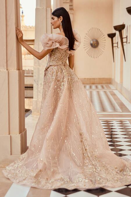 Amit GT Peach Tulle Sweetheart Neck Embroidered Draped Gown Online at Aza Fashions Amit GT_Peach Tulle Sweetheart Neck Embroidered Draped Gown _Online_at_Aza_Fashions
