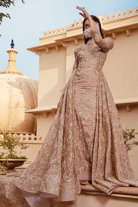 Amit GT_Peach Satin Embroidery V Neck Gown  _Online_at_Aza_Fashions