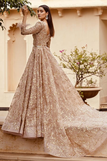 Shop Amit GT Peach Satin Embroidery V Neck Gown Online at Aza Fashions Shop_Amit GT_Peach Satin Embroidery V Neck Gown _Online_at_Aza_Fashions