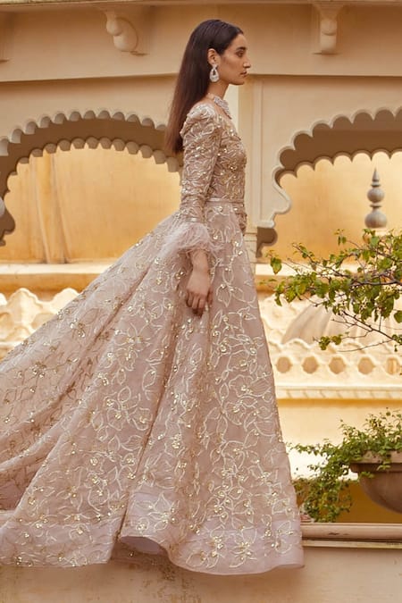 Buy Amit GT Peach Satin Embroidery V Neck Gown Online at Aza Fashions Buy_Amit GT_Peach Satin Embroidery V Neck Gown _Online_at_Aza_Fashions