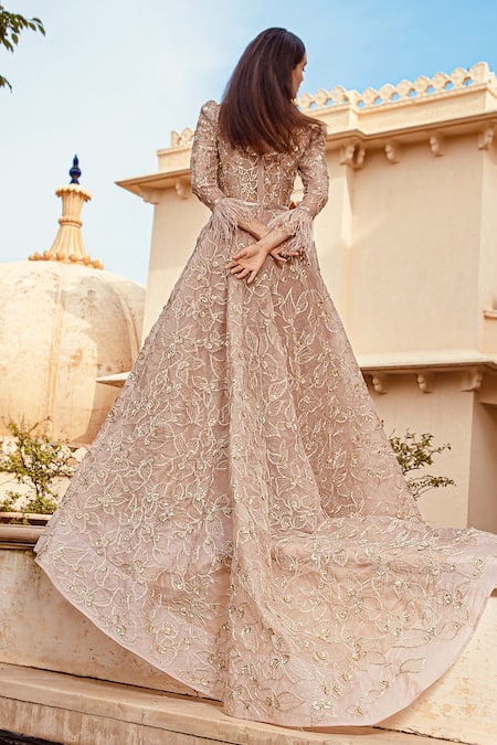 Shop Amit GT Peach Satin Embroidery V Neck Gown at Aza Fashions Shop_Amit GT_Peach Satin Embroidery V Neck Gown _at_Aza_Fashions