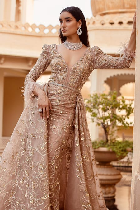 Amit GT Peach Satin Embroidery V Neck Gown  