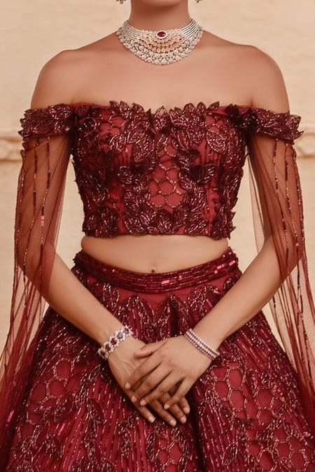 Amit GT Red Tulle One Shoulder Embroidered Draped Blouse And Lehenga Set at Aza Fashions Amit GT_Red Tulle One Shoulder Embroidered Draped Blouse And Lehenga Set _at_Aza_Fashions