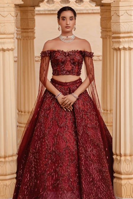 Buy Amit GT Red Tulle One Shoulder Embroidered Draped Blouse And Lehenga Set Online at Aza Fashions Buy_Amit GT_Red Tulle One Shoulder Embroidered Draped Blouse And Lehenga Set _Online_at_Aza_Fashions