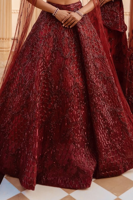 Shop Amit GT Red Tulle One Shoulder Embroidered Draped Blouse And Lehenga Set Online at Aza Fashions Shop_Amit GT_Red Tulle One Shoulder Embroidered Draped Blouse And Lehenga Set _Online_at_Aza_Fashions