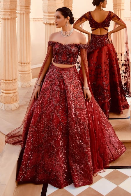 Amit GT Red Tulle One Shoulder Embroidered Draped Blouse And Lehenga Set Online at Aza Fashions Amit GT_Red Tulle One Shoulder Embroidered Draped Blouse And Lehenga Set _Online_at_Aza_Fashions