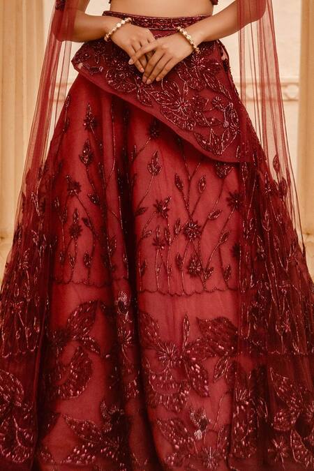 Shop Amit GT Red Tulle, Satin Organza V Neck Embroidered Blouse And Draped Lehenga Set Online at Aza Fashions Shop_Amit GT_Red Tulle, Satin Organza V Neck Embroidered Blouse And Draped Lehenga Set _Online_at_Aza_Fashions
