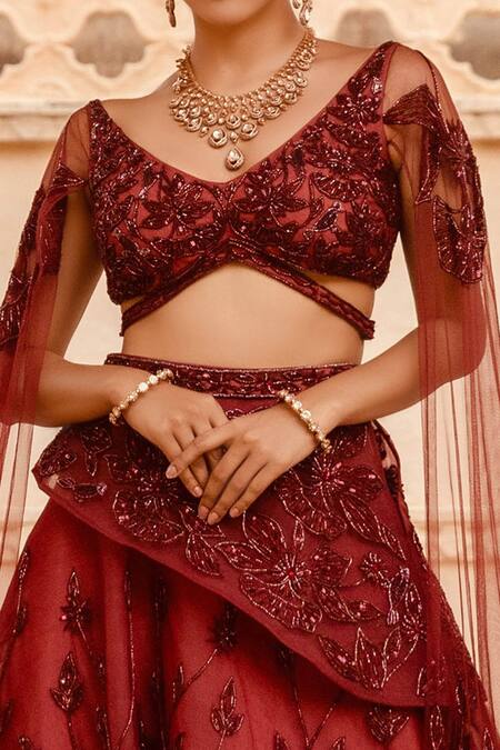 Buy Amit GT Red Tulle, Satin Organza V Neck Embroidered Blouse And Draped Lehenga Set Online at Aza Fashions Buy_Amit GT_Red Tulle, Satin Organza V Neck Embroidered Blouse And Draped Lehenga Set _Online_at_Aza_Fashions