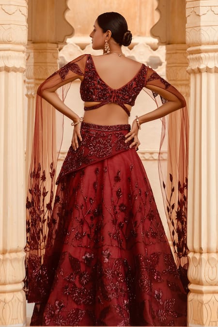 Shop Amit GT Red Tulle, Satin Organza V Neck Embroidered Blouse And Draped Lehenga Set at Aza Fashions Shop_Amit GT_Red Tulle, Satin Organza V Neck Embroidered Blouse And Draped Lehenga Set _at_Aza_Fashions