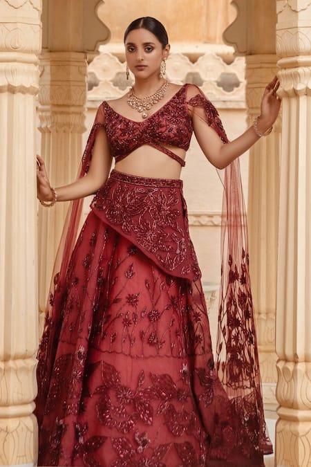 Amit GT Red Tulle, Satin Organza V Neck Embroidered Blouse And Draped Lehenga Set Online at Aza Fashions Amit GT_Red Tulle, Satin Organza V Neck Embroidered Blouse And Draped Lehenga Set _Online_at_Aza_Fashions