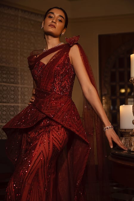 Amit GT Red Tulle Embroidery Sweetheart Neck Peplum Gown Online at Aza Fashions Amit GT_Red Tulle Embroidery Sweetheart Neck Peplum Gown _Online_at_Aza_Fashions