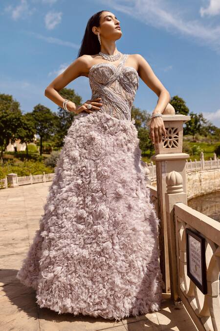 Amit GT Grey Tulle One Shoulder Ruffle Gown Online at Aza Fashions Amit GT_Grey Tulle One Shoulder Ruffle Gown _Online_at_Aza_Fashions