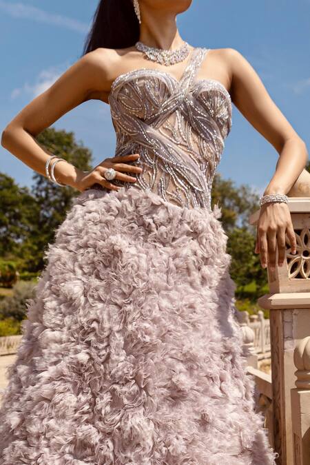 Buy Amit GT Grey Tulle One Shoulder Ruffle Gown Online at Aza Fashions Buy_Amit GT_Grey Tulle One Shoulder Ruffle Gown _Online_at_Aza_Fashions