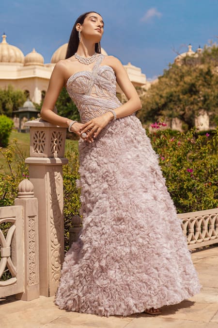 Amit GT Grey Tulle One Shoulder Ruffle Gown