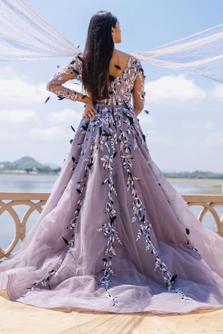 Shop Amit GT Grey Tulle V Neck Embroidered Gown at Aza Fashions Shop_Amit GT_Grey Tulle V Neck Embroidered Gown _at_Aza_Fashions