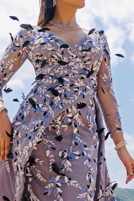 Buy Amit GT Grey Tulle V Neck Embroidered Gown Online at Aza Fashions Buy_Amit GT_Grey Tulle V Neck Embroidered Gown _Online_at_Aza_Fashions