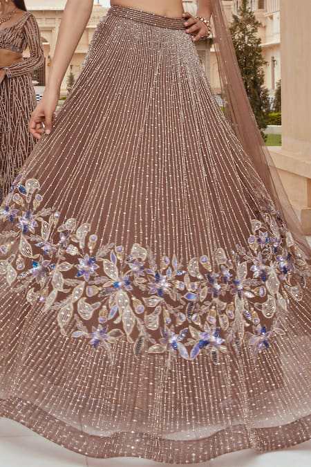 Shop Amit GT Grey Tulle One Shoulder Embroidered Draped Blouse And Lehenga Set Online at Aza Fashions Shop_Amit GT_Grey Tulle One Shoulder Embroidered Draped Blouse And Lehenga Set _Online_at_Aza_Fashions