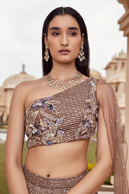 Buy Amit GT Grey Tulle One Shoulder Embroidered Draped Blouse And Lehenga Set Online at Aza Fashions Buy_Amit GT_Grey Tulle One Shoulder Embroidered Draped Blouse And Lehenga Set _Online_at_Aza_Fashions