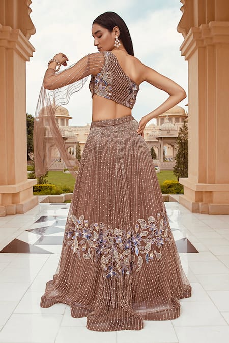 Shop Amit GT Grey Tulle One Shoulder Embroidered Draped Blouse And Lehenga Set at Aza Fashions Shop_Amit GT_Grey Tulle One Shoulder Embroidered Draped Blouse And Lehenga Set _at_Aza_Fashions