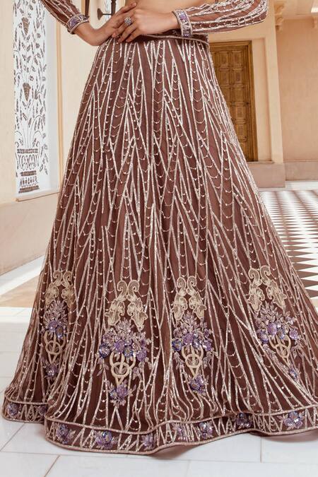 Buy Amit GT Brown Tulle Leaf Neck Embroidered Blouse And Lehenga Set Online at Aza Fashions Buy_Amit GT_Brown Tulle Leaf Neck Embroidered Blouse And Lehenga Set _Online_at_Aza_Fashions