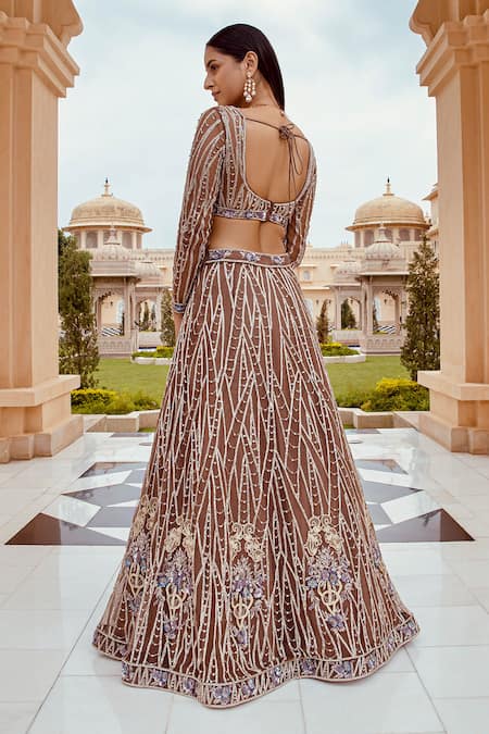 Shop Amit GT Brown Tulle Leaf Neck Embroidered Blouse And Lehenga Set at Aza Fashions Shop_Amit GT_Brown Tulle Leaf Neck Embroidered Blouse And Lehenga Set _at_Aza_Fashions