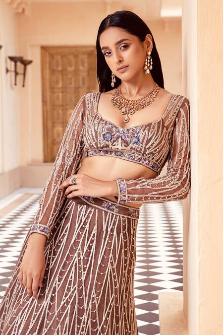 Amit GT Brown Tulle Leaf Neck Embroidered Blouse And Lehenga Set Online at Aza Fashions Amit GT_Brown Tulle Leaf Neck Embroidered Blouse And Lehenga Set _Online_at_Aza_Fashions