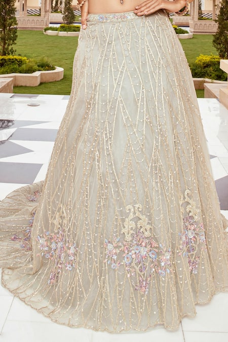 Shop Amit GT Green Tulle One Shoulder Off Blouse And Lehenga Set Online at Aza Fashions Shop_Amit GT_Green Tulle One Shoulder Off Blouse And Lehenga Set _Online_at_Aza_Fashions