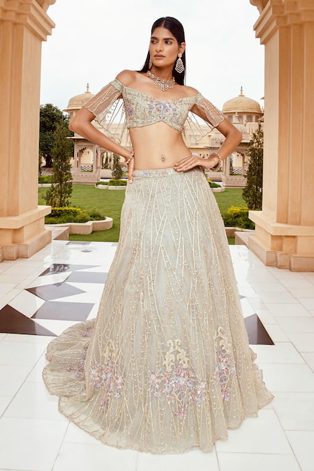 Amit GT Green Tulle One Shoulder Off Blouse And Lehenga Set