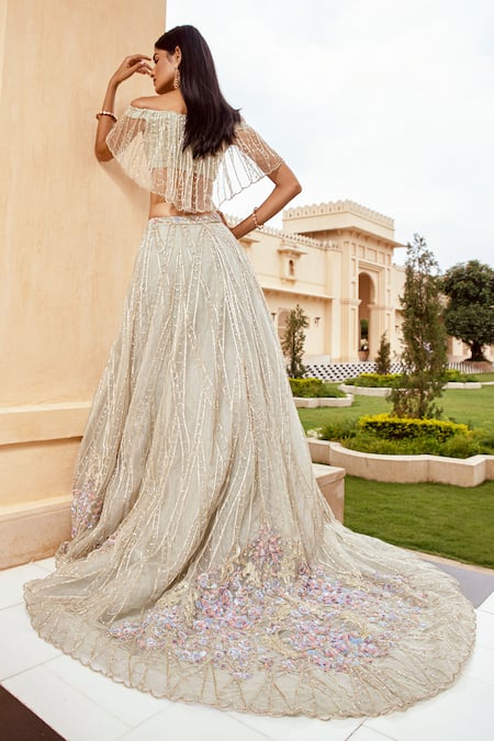 Shop Amit GT Green Tulle One Shoulder Off Blouse And Lehenga Set at Aza Fashions Shop_Amit GT_Green Tulle One Shoulder Off Blouse And Lehenga Set _at_Aza_Fashions